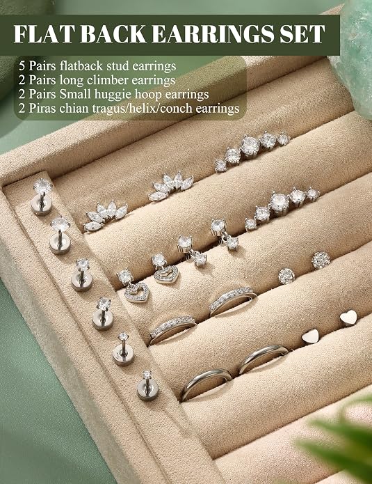 LOLIAS Hypoallergenic Flat Back Earrings for Women Cartilage Earrings Stacks-20G Surgical Stainless Steel Flatback Stud Hoop Earring Set Daith Conch Tragus Helix Piercing Jewelry