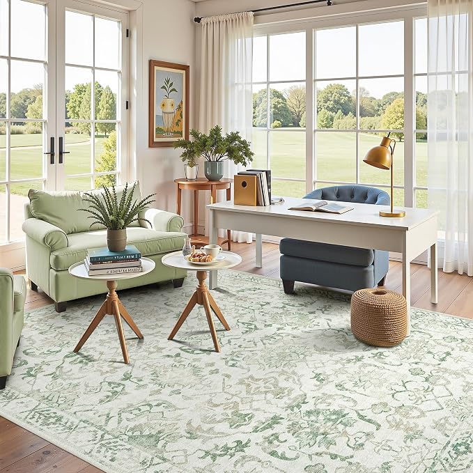 Green Area Rugs 8x10 Rugs for Living Room, Traditional Washable Rugs for Bedroom Distressed Large Area Rug Living Room Rug Non Slip Rug Carpet for Dining Nursery