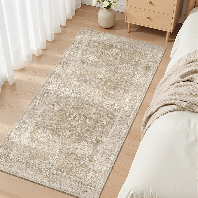 Madane 2x4 Washable Rugs for Entryway, Low Pile Non-Slip Area Rug Kitchen Door Mat, Vintage Soft Throw Neutral Rug Floor Mat for Indoor Front Entrance Bathroom Hallway (2 x 4, Beige/Brown)