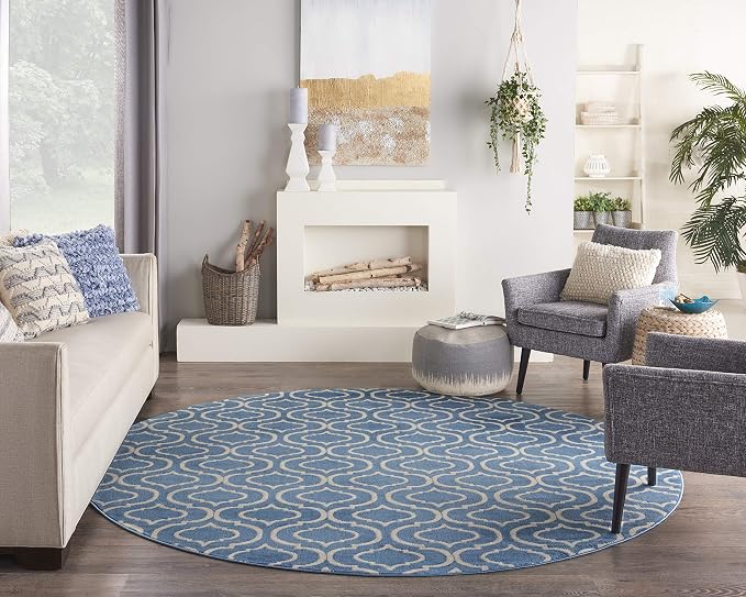 Nourison Home Jubilant Trellis Blue 8' x Round Area -Rug, Easy -Cleaning, Non Shedding, Bed Room, Living Room, Dining Room, Kitchen (8 Round)