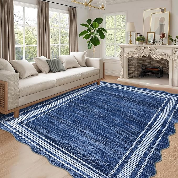 Garvee Scalloped Area Rug 9x12 Large Washable Rug for Living Room | Non-Slip Soft Carpet for Bedroom, Scalloped Low-Pile Solid Print Rug for Dining Room Home Office, Navy Blue