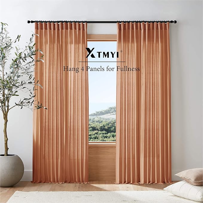 XTMYI Terracotta Country Curtains for Living Room,Sheer Linen Curtains for Bedroom 90 Inches Long,70 Inches Wide