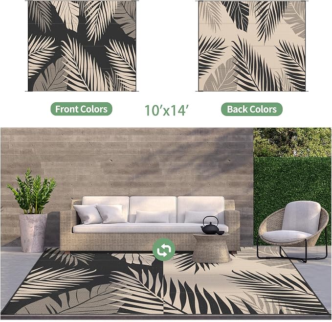 GENIMO Outdoor Rug, Waterproof Plastic Rugs 10'x14' for Camping Black Beige | Outside Larger Leaf Carpet Mat for Porch Decor, Deck, Camping, RV, Backyard, Balcony, Picnic, Beach, Reversible, Foldable