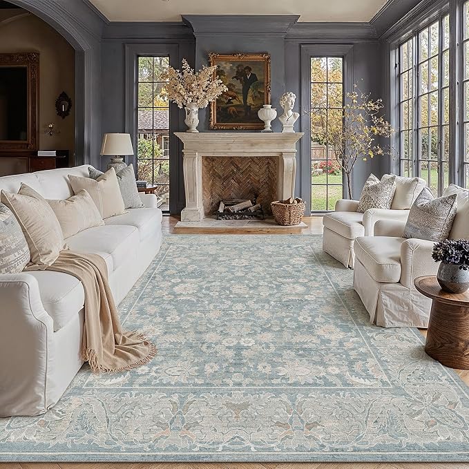 6x9 Blue Washable Area Rug Non Slip Retro Distressed Carpet | Soft Low Pile, Lightweight Foldable, Pet Friendly, Living Room, Bedroom, Dining Room, Classroom, Playroom