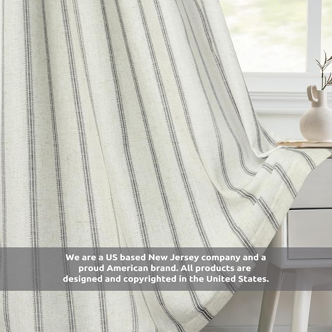 DriftAway Farmhouse Stripe Blackout Curtains, W52xL108, Gray | Blackout, Linen Texture, Stripe Pattern, Rod Pocket & Back Tab, Two Layers, Bedroom Living Room Use, Sound Reducing Design