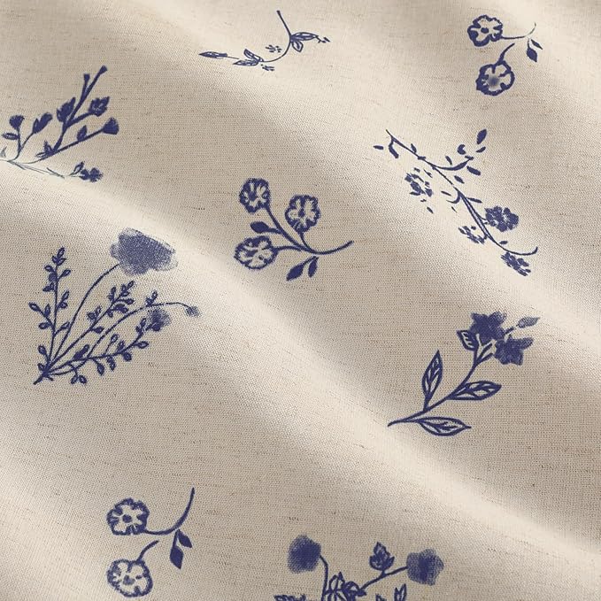 Boho Floral Spring 100% Blackout Curtains 84 Inch Length 2 Panels Set, Linen Texture Farmhouse Curtains with Beige Tassel for Living Room Bedroom, Vintage Rustic Rod Pocket, Dark Blue