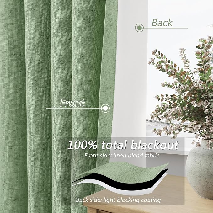 Guken 100% Blackout Linen Curtains 102 Inch Length 2 Panels Set for Living Room Bedroom Back Tab Thermal Insulated Black Out Linen Drapes Room Darkening Window Curtains,Light Sage