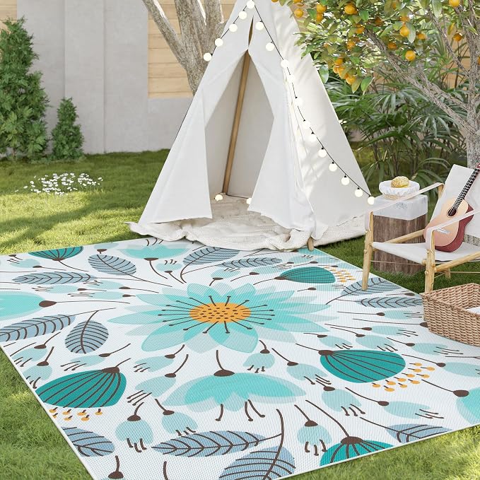 Lahome Floral Indoor Outdoor Rug, 5x8ft Non Slip Outdoor Patio Rug for Balcony Deck, Portable Outdoor Carpet for Camping Picnic Backyard, Breathable RV Mat Outdoor Rugs for Living Room Bedroom,Blue