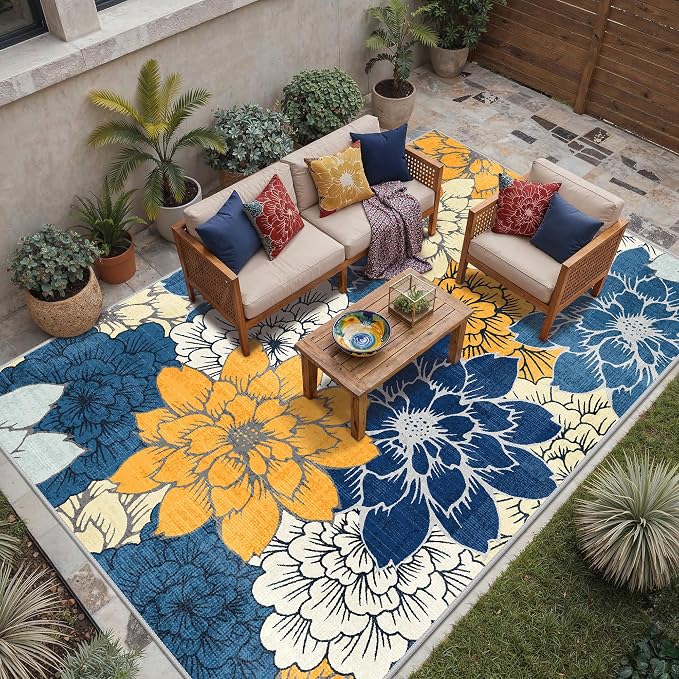 GENIMO 10x14 Outdoor Rug, Washable Quick Dry for Patio, Blue | Floral design for gazebo; lightweight chenille with quick-dry non-slip backing for indoor living spaces