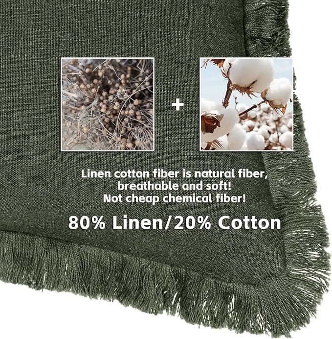 AmHoo Pack of 2 Linen Pillow Covers with Tassels Fringed Decorative Rustic Natural Throw Pillowcase Cushion for Couch Sofa Bedroom 20 x 20-Inch Green