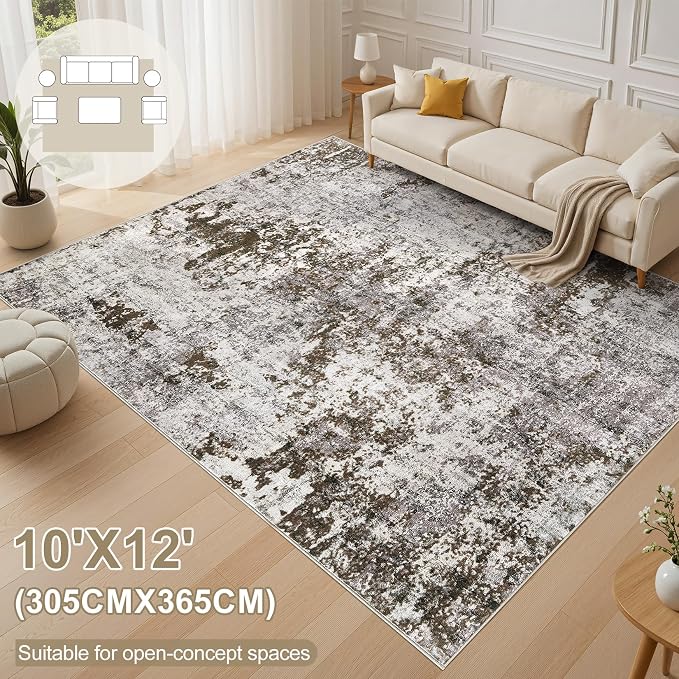 DMOYEST 10x12 Area Rug for Living Room, Washable & Non Slip Large Indoor Carpet, Kid & Pet Friendly Soft Thin Low Pile Abstract Rug for Bedroom and Office - Dark Brown