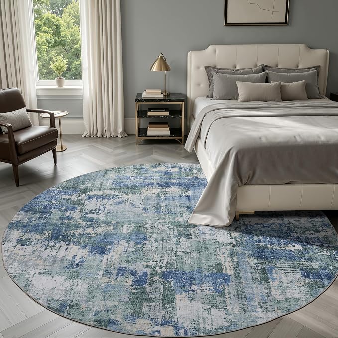 Sasttie 6ft Soft Round Area Rug, Modern Abstract Washable Circle Carpet for Living Room, Bedroom, Dining Room Table, with Non-Slip Backing, Blue and Green