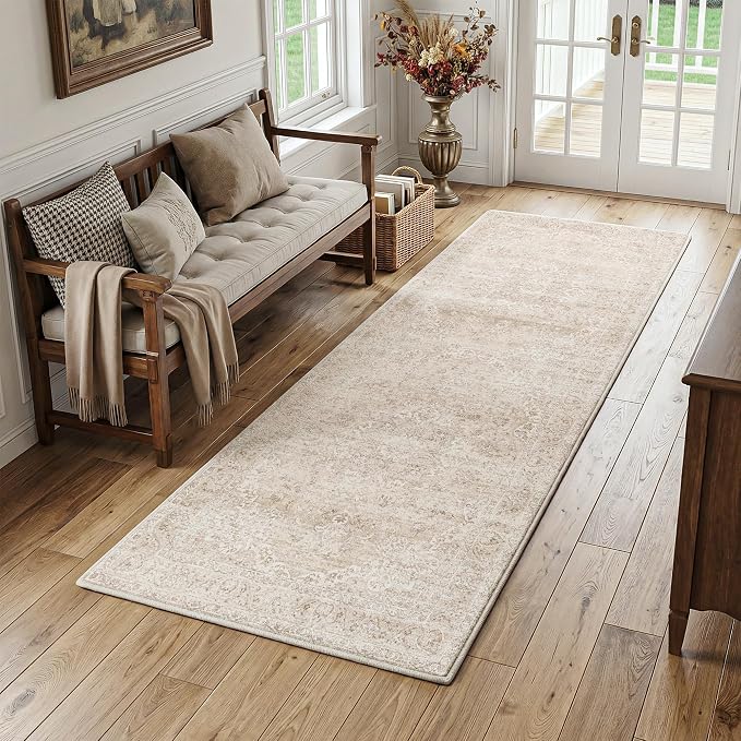 FMFUNCTEX 3x7 Hallway Runner Rug Beige Vintage Neutral Washable Distressed Non Slip Low Pile Indoor Carpet Soft Retro Entryway Rug for Kitchen Bathroom Laundry Entrance Living Room Bedroom Bedside