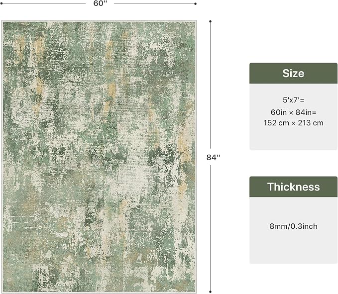 GENIMO 5x7 Area Rugs for Living Room, Machine Washable Rug Non Slip, Low Pile Ultra-Thin Lightweight Large Carpet, Abstract Modern Rugs for Bedroom, Dining Room, Office, Nursery, Olive Green