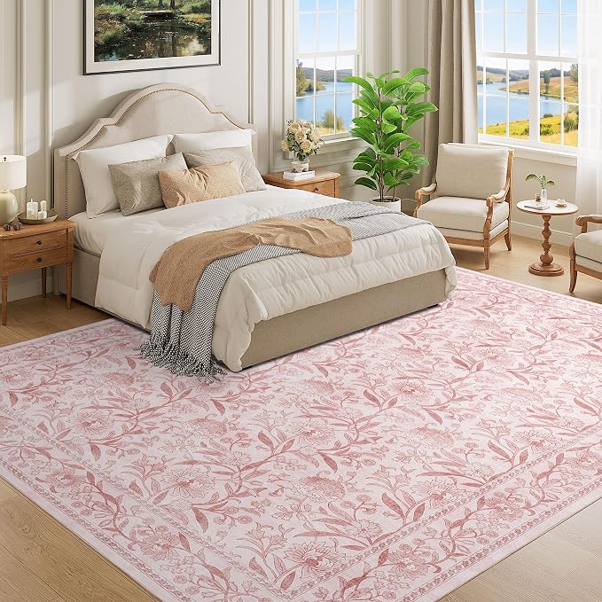 DUKINO 9x12 Area Rug for Living Room Vintage Floral Washable Rug Light Pink | Non Slip, Low Pile, Non-Shedding, Stain Resistant, Aesthetic Soft Indoor Large Carpet for Bedroom Dining Room Farmhouse