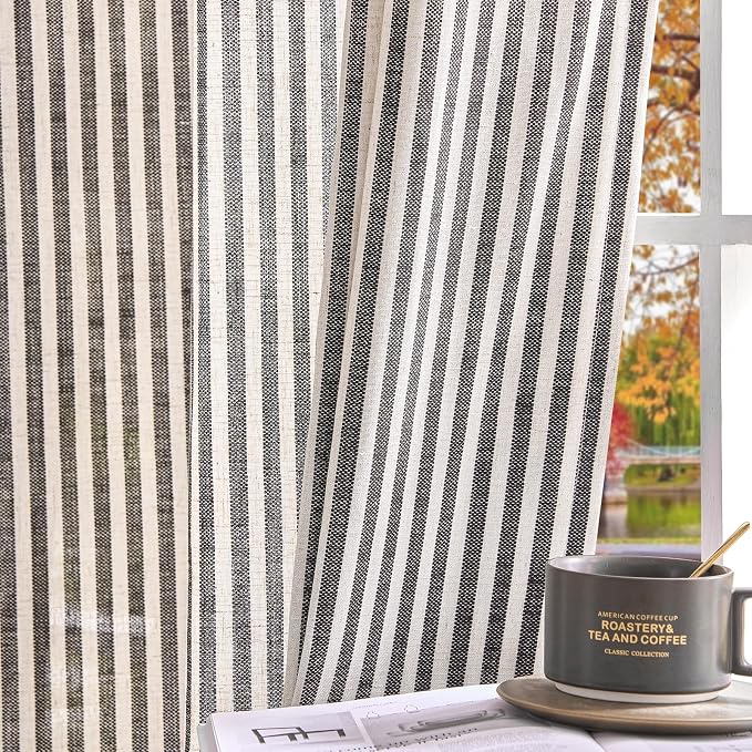 jinchan Linen Curtains 96 inch Black Stripe on Beige Grommet 2 Panels | Curtains for Living Room Bedroom,Ticking Stripe Pattern,Pinstripe Farmhouse Rustic,Window Treatment,Light Filtering