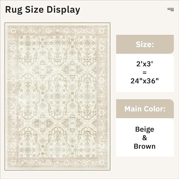 Soalmost 2x3 Washable Rugs for Kitchen, Floor, Entryway, Powder Room Small Area Rug Non-Slip Vintage Low Pile Throw Door Mat Beige/Brown
