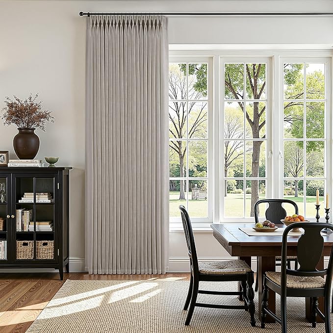 Pinch Pleated Linen Curtains 84 Inches Long 2 Panels for Living Room Bedroom Light Filtering Curtain Memory Shape Trained Pinch Pleat Thick Linen Drapes Back Tab with Hooks Clip Rings Taupe