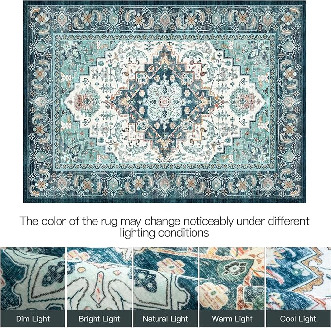 Lofus 5x7 Washable Rugs Non-Slip, Vintage Floral Area Rug for Living Room Bedroom Dining Room Kitchen, Low Pile Distress Print Medallion Carpet Home Decor Rug, Floral Green Beige