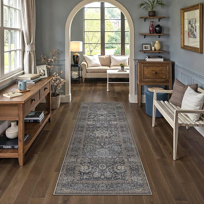 HUGEAR Hallway Runner Rugs 2x6 Blue Washable Rug Neutral Vintage Rug Carpet Distressed Soft Durable Non Slip No Shedding for Indoor Bedroom Kitchen Dining Nursery Laundry