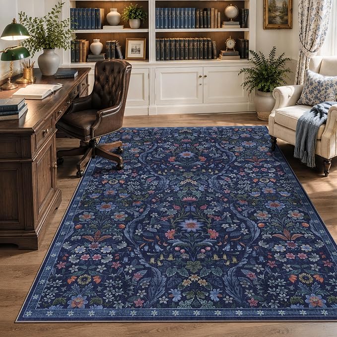 Floral Washable 6x9 Area Rug，Blue Boho Rugs for Living Room, Soft Low-Pile Non-Slip Stain Resistant & Non-Shedding Carpet for Bedroom, Dining Room, Office, Entryway, Nursery