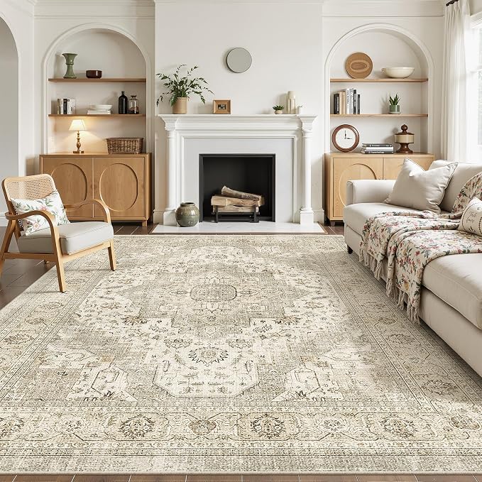 Roxstand 9x12 Washable Area Rug, Vintage Non Slip Rugs, Ivory/Beige | Soft Low Pile Design, Stain Resistant,Pet & Kid Friendly,Carpet for Living Room, Bedroom, Dining Room and Office Decor