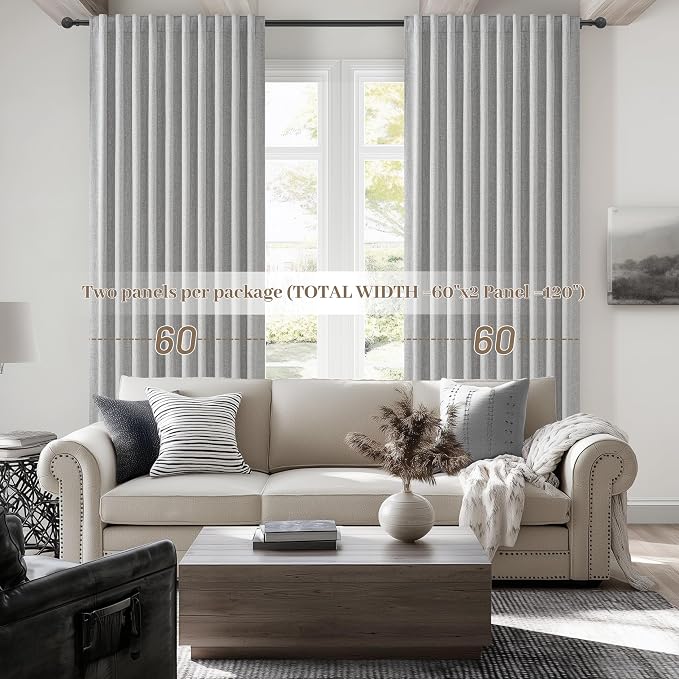 Extra Wide 60 Inch Blackout Curtains 96 Inches Long for Living Room, Rustic Boho Room Darkening Textured Linen Pleated Office Insulated Ceiling Track Large Window Drapes (60"W x 96"L 2 Panels Grey)