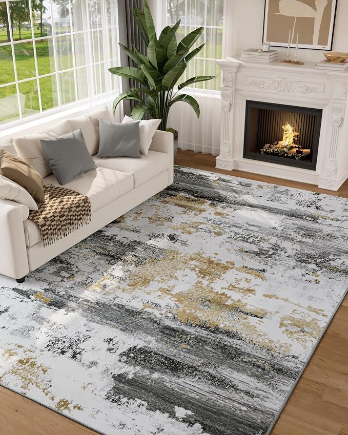 Kelarea Washable Area Rug for Living Room, 5x7 Non Slip Modern Abstract Grey Rugs, Easy Clearning Low Pile Large Carpet for Bedroom, Dining Room, Nursery, Office