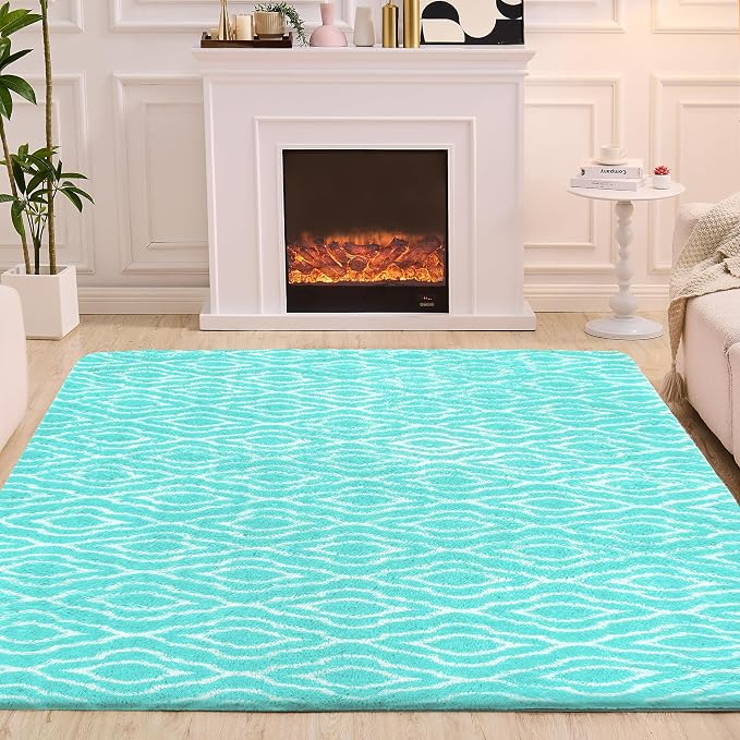 Fluffy Rug for Bedroom, Soft 5x7 Green Shag Plush Geometric Area Rugs | Modern Green and White Rug, Non Slip Carpet for Living Room, Aesthetic Home Decor, Fuzzy Floor Mat for Nursery Teen Dorm