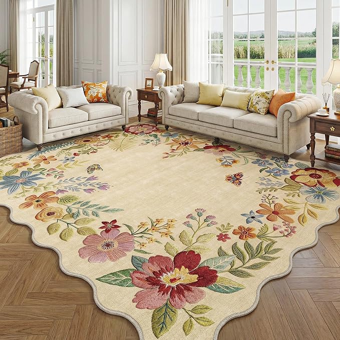 FMFUNCTEX 9x12 Washable Beige Floral Scalloped Area Rug for Living Room | Boho Vintage Flower Colorful Traditional Cream Soft Non Slip Low Pile Large Indoor Thin Carpet Bedroom Dining Room Nursery