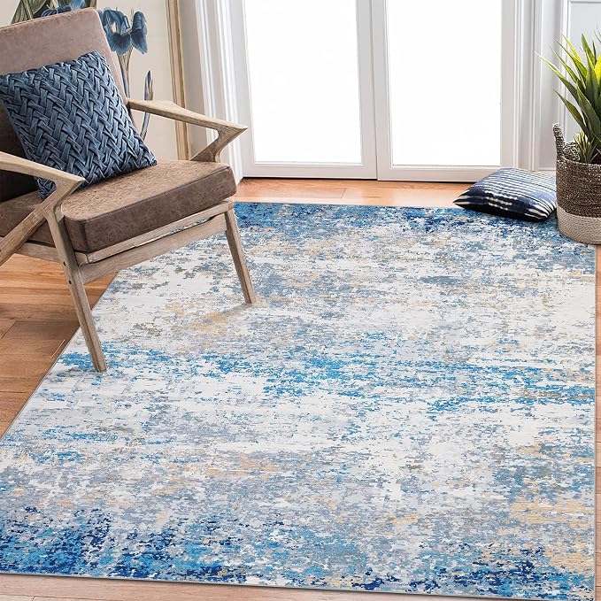 ROYHOME 6x9 Modern Abstract Area Rug, Blue/Grey | Non Slip Non Shedding Low Pile Stain Resistant Rug Soft Carpet for Bedroom Living Room