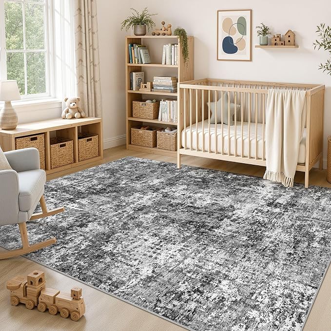 cotiled Washable Area Rug 6x9, Non-Slip Soft Neutral Rug for Living Room | Modern Abstract Carpet, Stain Resistant and Kid & Pet Friendly, Ideal For Bedroom, Dining Room, Nursery, Office - Blue/Gery