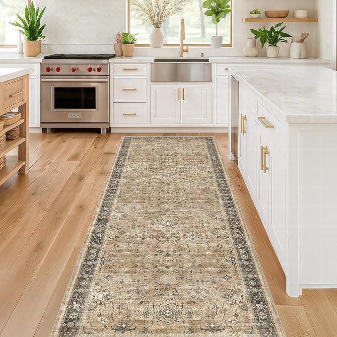 Boho Washable 3x10 Extra Long Runners for Hallways, Earthy Sage Taupe Kitchen Runner Rug, Vintage Entryway Indoor Rug, Non-Slip Stain Resistant Low Pile Throw Rug