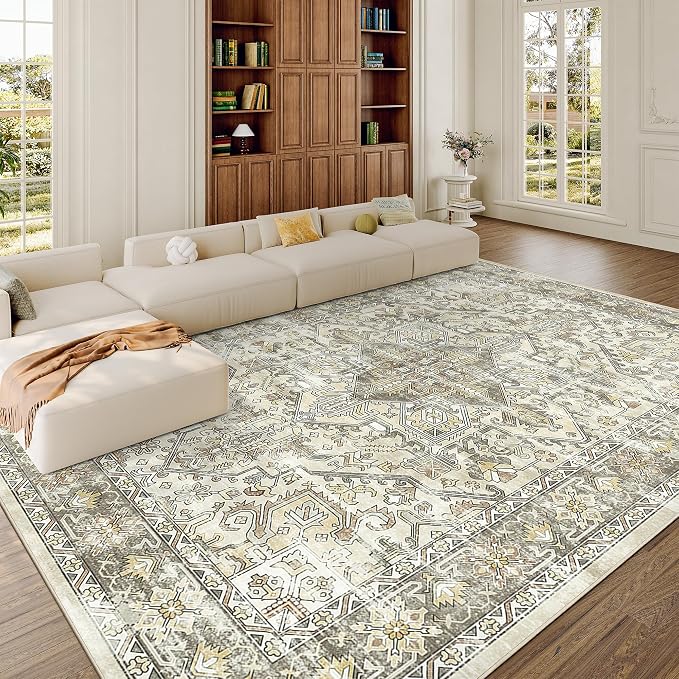 zesthome 8x10 Area Rugs for Living Room,Non-Slip Backing Washable Rugs,Vintage Large Area Rug，Stain Resistant Home Decor Rug (Beige/Brown,8'x10')