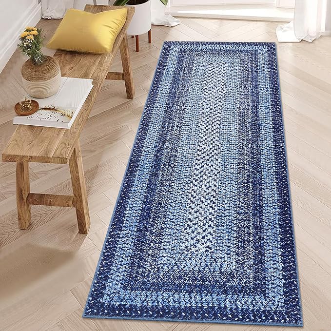 RUGSREAL Runner Rug for Hallway Kitchen Runner Mat 2x10, Machine Washable Long Runner Throw Mat, Non Slip Entryway Rug Stain Resistant Braided Printed Carpet for Bedroom Living Room, Navy