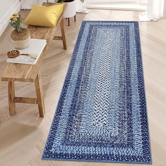 RUGSREAL Runner Rug 2x8 Machine Washable Hallway Runner Rug Entryway Long Runner Carpet Braided Printed Throw Mat Non Slip Kitchen Mat Living Room Rustic Carpet for Bedroom Dining Room, Navy