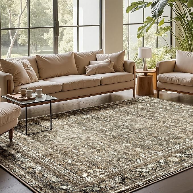 OPPODREAM Vintage Brown Area Rugs 9x12, 9 x 12 Retro Washable Rug Non Slip, Low-Pile Faux Wool Carpet, Distressed Floor Mat for Living Room, Bedroom, Office, Dorm, Dinning Room, Big & Large