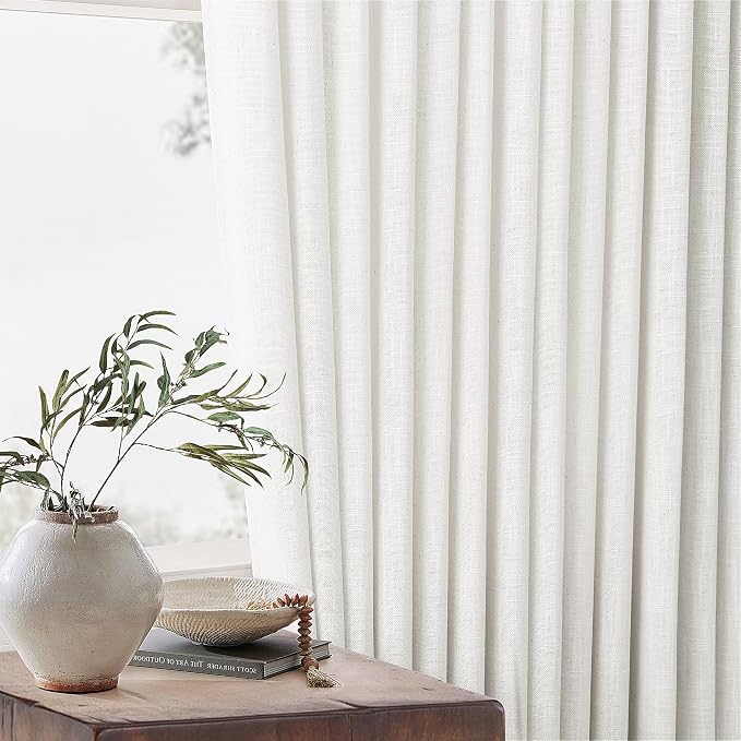 Beige White 72 Inch Pinch Pleated Linen Semi Sheer Curtains 2 Panels 40x72 | Memory Shape Trained, for Living Room Bedroom Cabin Closet, 400GSM Linen Textured, Pinch Pleat with Hooks Rings Back Tab