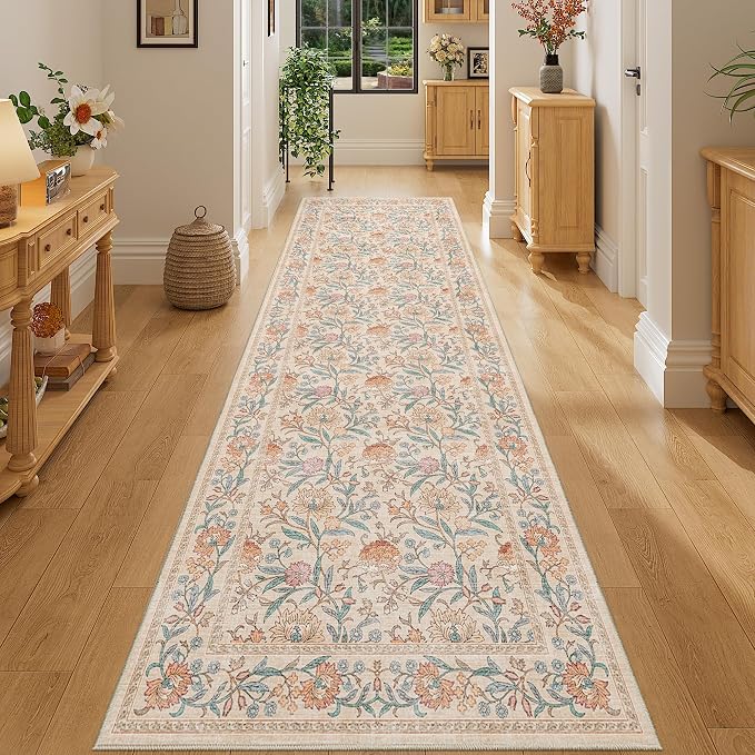 DUKINO 2.6x8 Runner Rug, Washable Vintage Floral Kitchen Runners Rug, Beige | Non Slip, Low Pile, Non-Shedding Soft Carpet for Hallway Bathroom Laundry Entryway Bedroom Farmhouse, Kids and Pets Friendly