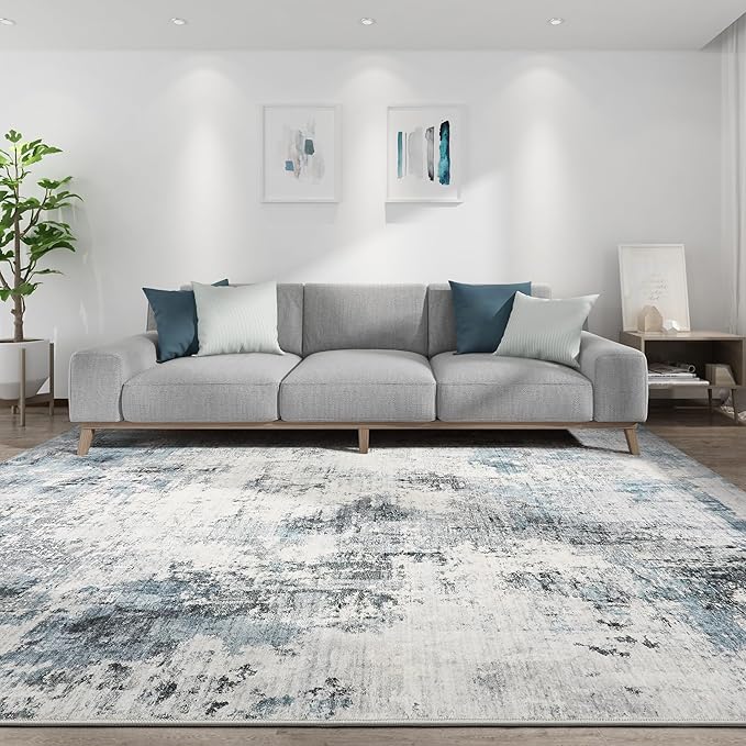 Abstract 5x7 Area Rug: Machine Washable Non Slip Ultra Thin Low-Pile Carpet, Soft Stain Resistant for Living Room Bedroom Nursery, Kid Pet Friendly, Robot Vacuum Compatible - Grey Blue