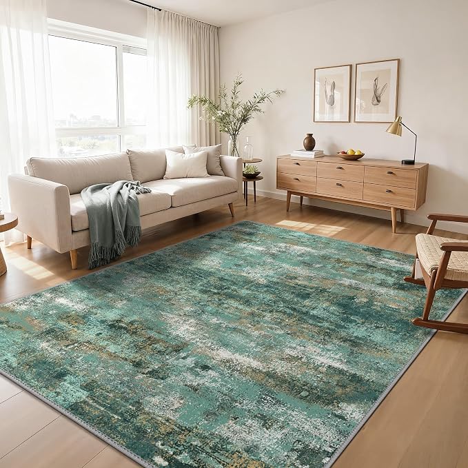 GENIMO Area Rug 8x10 Washable Large Modern Rug Abstract, Low Pile Lightweight Soft Carpet Non Slip for Living Room, Bedroom, Dining Room, Teal Blue Green Orange Turquoise Colorful Rugs