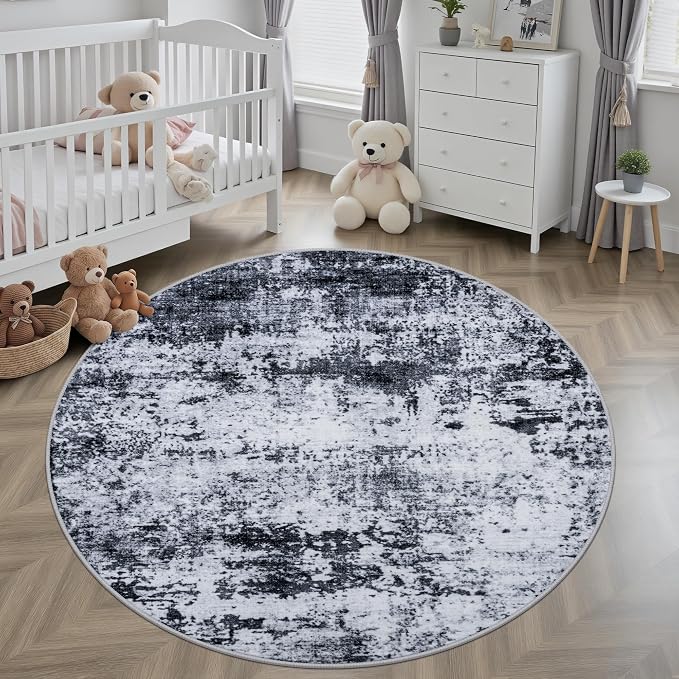 Round Area Rug for Living Room: 5 ft Washable Modern Abstract Soft Thin Rug Indoor Floor No Slip Stain Resistant Carpet for Bedroom Dining Room Farmhouse Nursery Home Office - Black