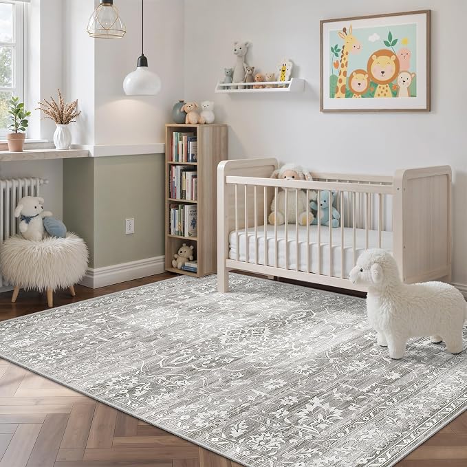 Soalmost Area Rugs 4x6 for Living Room, Washable Neutral Soft Rugs Grey | Floral Vintage Non-Slip Throw Carpet for Dining Room, Entryway, Kitchen, Farmhouse 4'x6'