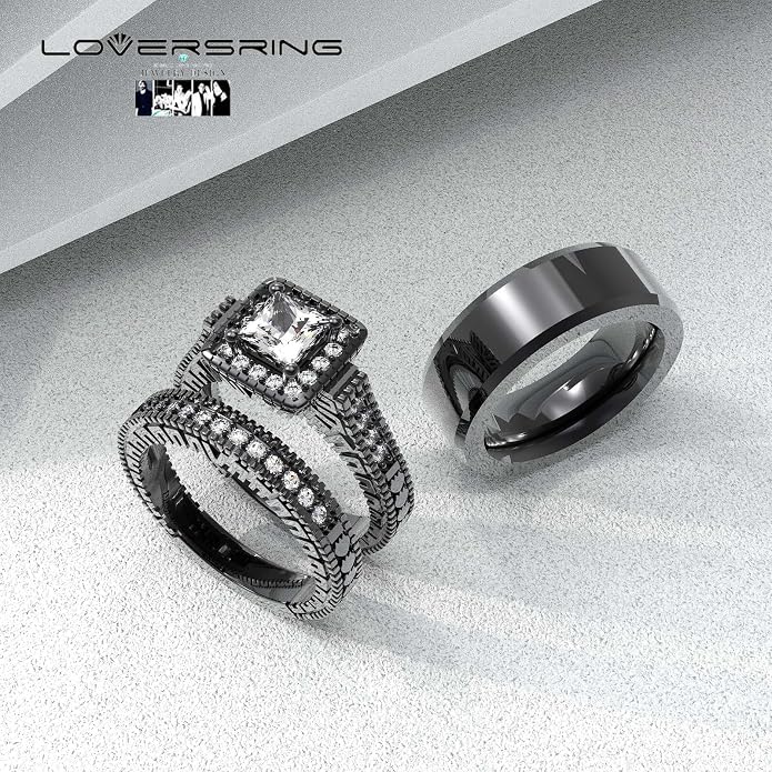 Couple Ring Bridal Set His Hers Women 10k White Gold Filled AAA Cz Men Stainless Steel Wedding Ring Band Set