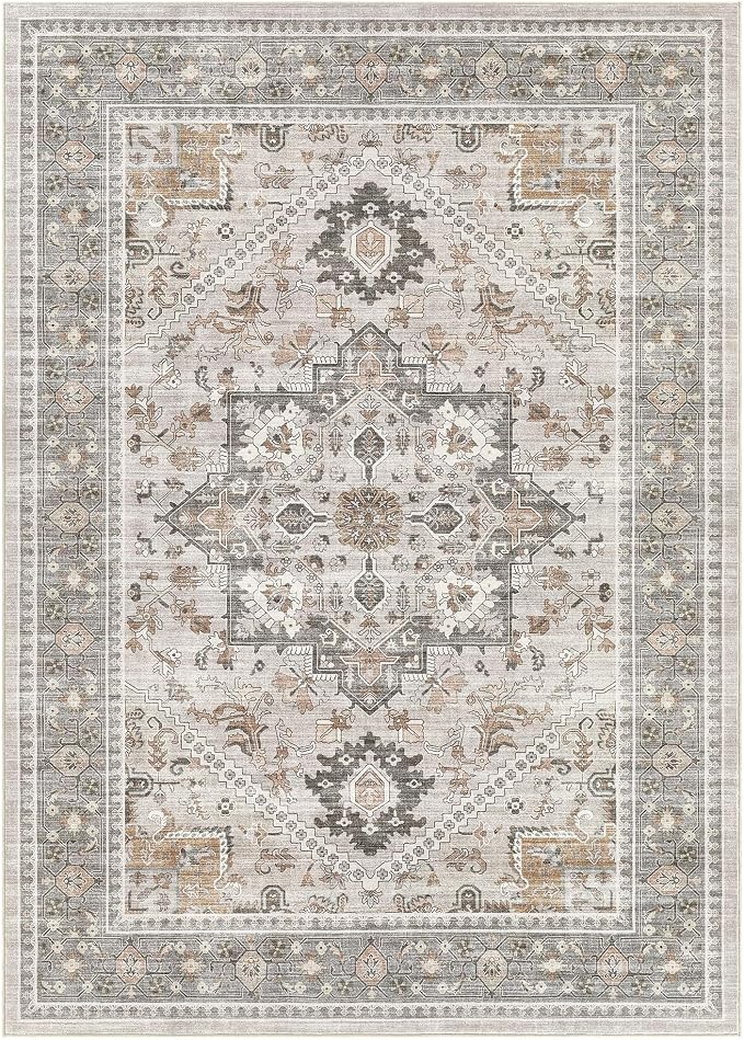 5x8 Vintage Area Rug: Washable Neutral Soft Non Slip Thin Large Floor Carpet for Living Room Bedroom Kitchen Dining Room Home Office Farmhouse Indoor - Taupe