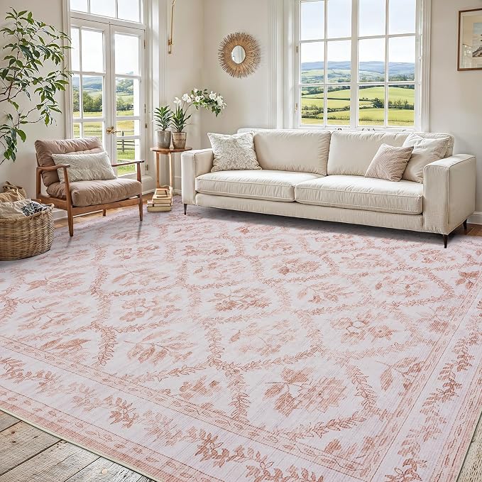 TWODRAPES Pink and White Boho Living Room Rug 8x10 Area Rug for Bedroom Girls Women Floral Leaf Farmhouse Distressed Soft Carpet Washable Low Pile Non Slip Large Blush Pink Nursery 8 by 10 Ft