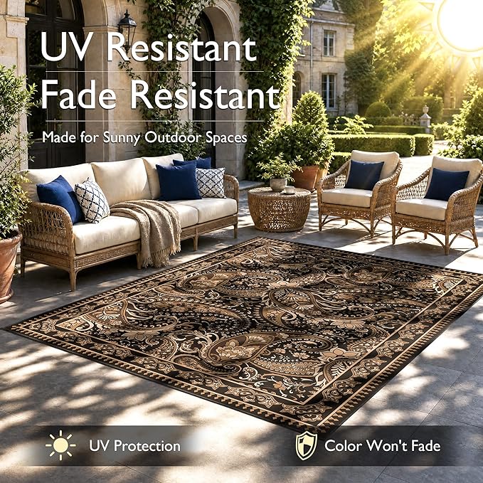 Arenarug Paisley Outdoor Rug Waterproof 9x12, UV Resistant Non Slip Patio Rug, Indoor Outdoor Boho Camping Rug Linen-Look RV Carpet for Deck Balcony Backyard, Taupe