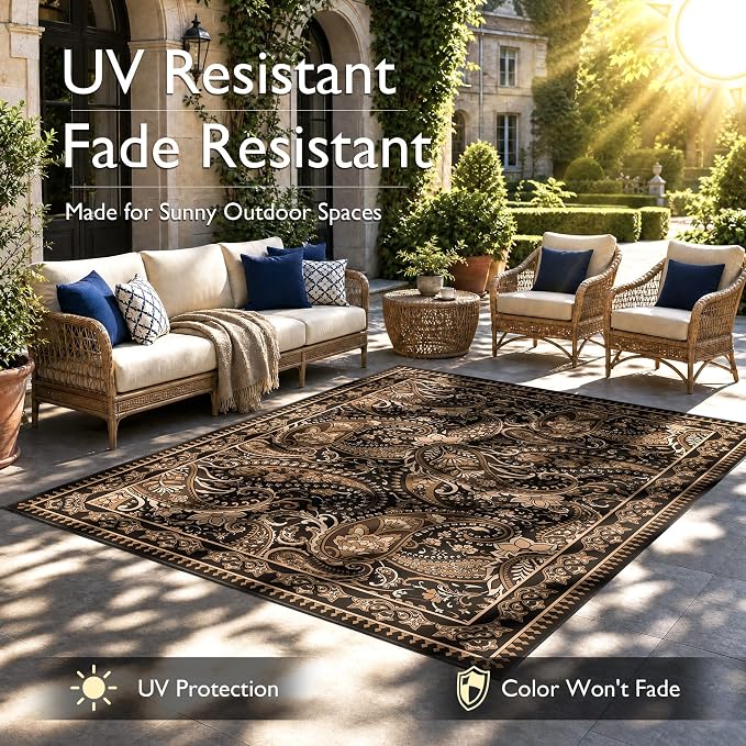 Arenarug Paisley Outdoor Rug Waterproof 5x8, UV Resistant Non Slip Patio Rug, Indoor Outdoor Boho Camping Rug Linen-Look RV Carpet for Deck Balcony Backyard, Taupe