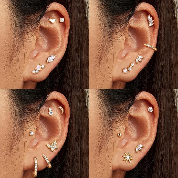 YADOCA 3 Pairs Hypoallergenic Sterling Silver Earrings 16Pcs Surgical Steel Gold Nose Rings Studs For Women