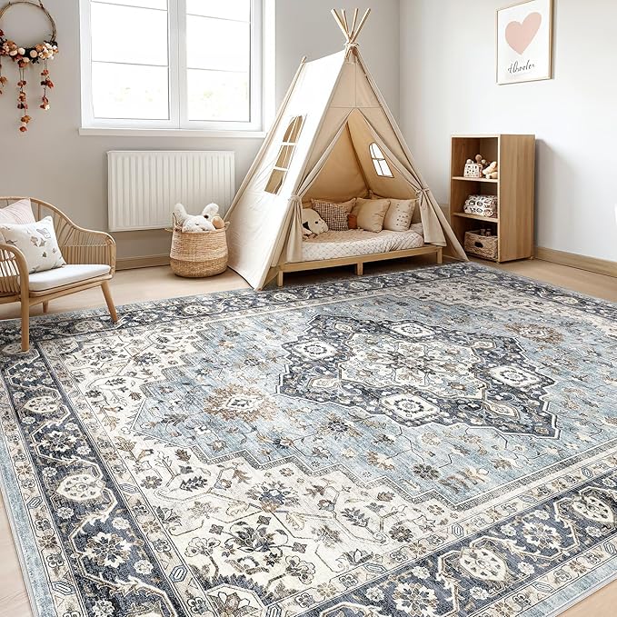 10x13 Area Rug Living Room: Washable Boho Large Neutral Vintage Soft Rug Stain Resistant Farmhouse Non-Slip Indoor Floor Carpet for Bedroom Nursery Kids Office Dining Room Home House- Blue Tan